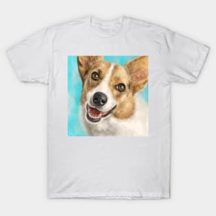 Painting of a Happy Adorable Corgi Dog on Blue Background T-Shirt